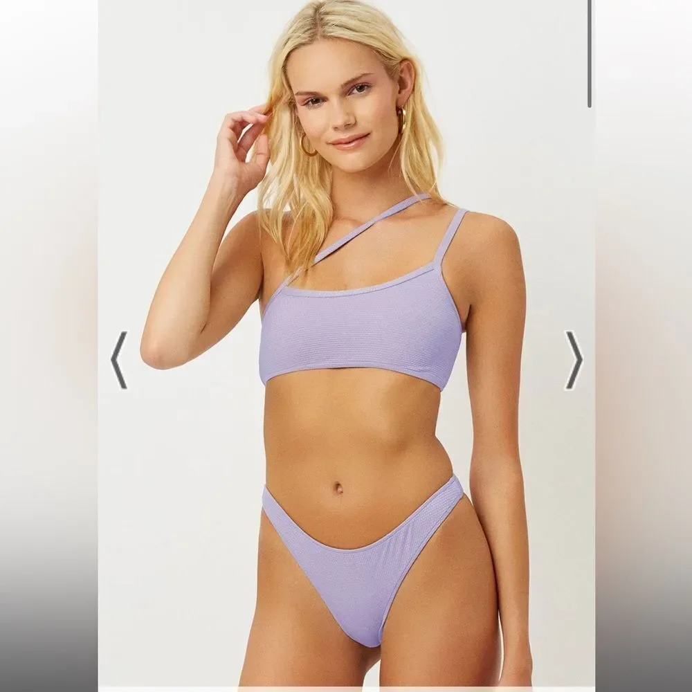 Frankie’s Bikinis lavender sparkly Olivia bikini top + thong bottoms